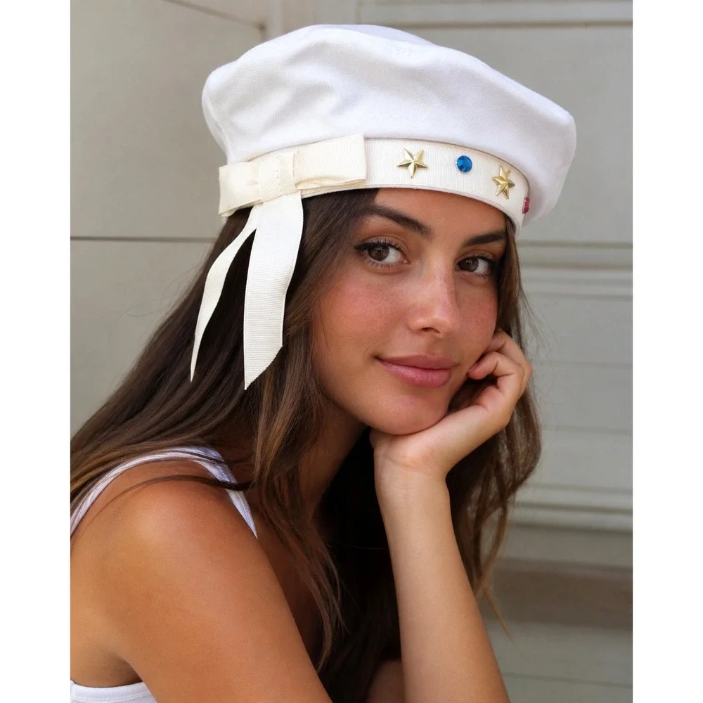 Vintage Sportina‎ White Cotton Beret Hat Star Studs Rhinestone Bow Celestial NWT